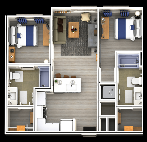 A top-down view of a small apartment layout with a kitchen, living room, and bedrooms.